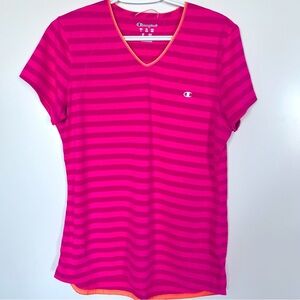 Champion Brand Bright Pink Striped V Neck Short Sleeve T Shirt  Large
